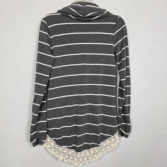 Vanity Gray Striped Lace Trim Hoodie Top Medium - Picture 4 of 6